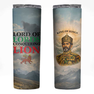 Haile Selassie I Ethiopia Skinny Tumbler with King of Kings and Conquering Lion Cloud Rays and Regal Portrait - African Pride