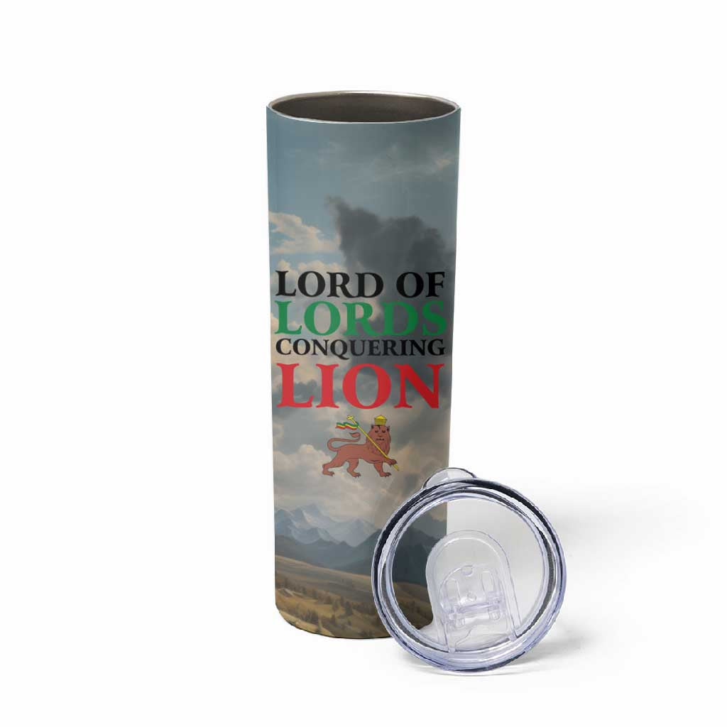 Haile Selassie I Ethiopia Skinny Tumbler with King of Kings and Conquering Lion Cloud Rays and Regal Portrait - African Pride