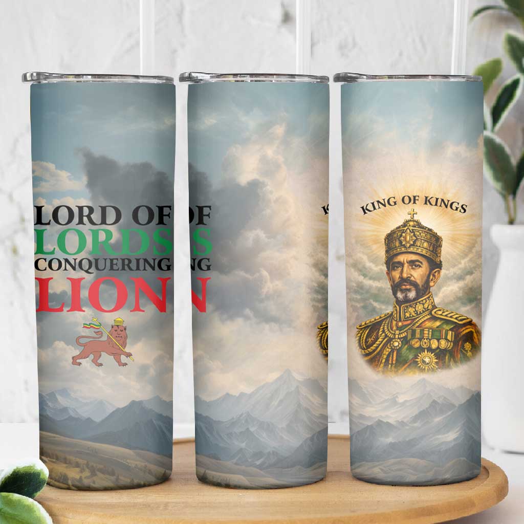 Haile Selassie I Ethiopia Skinny Tumbler with King of Kings and Conquering Lion Cloud Rays and Regal Portrait - African Pride