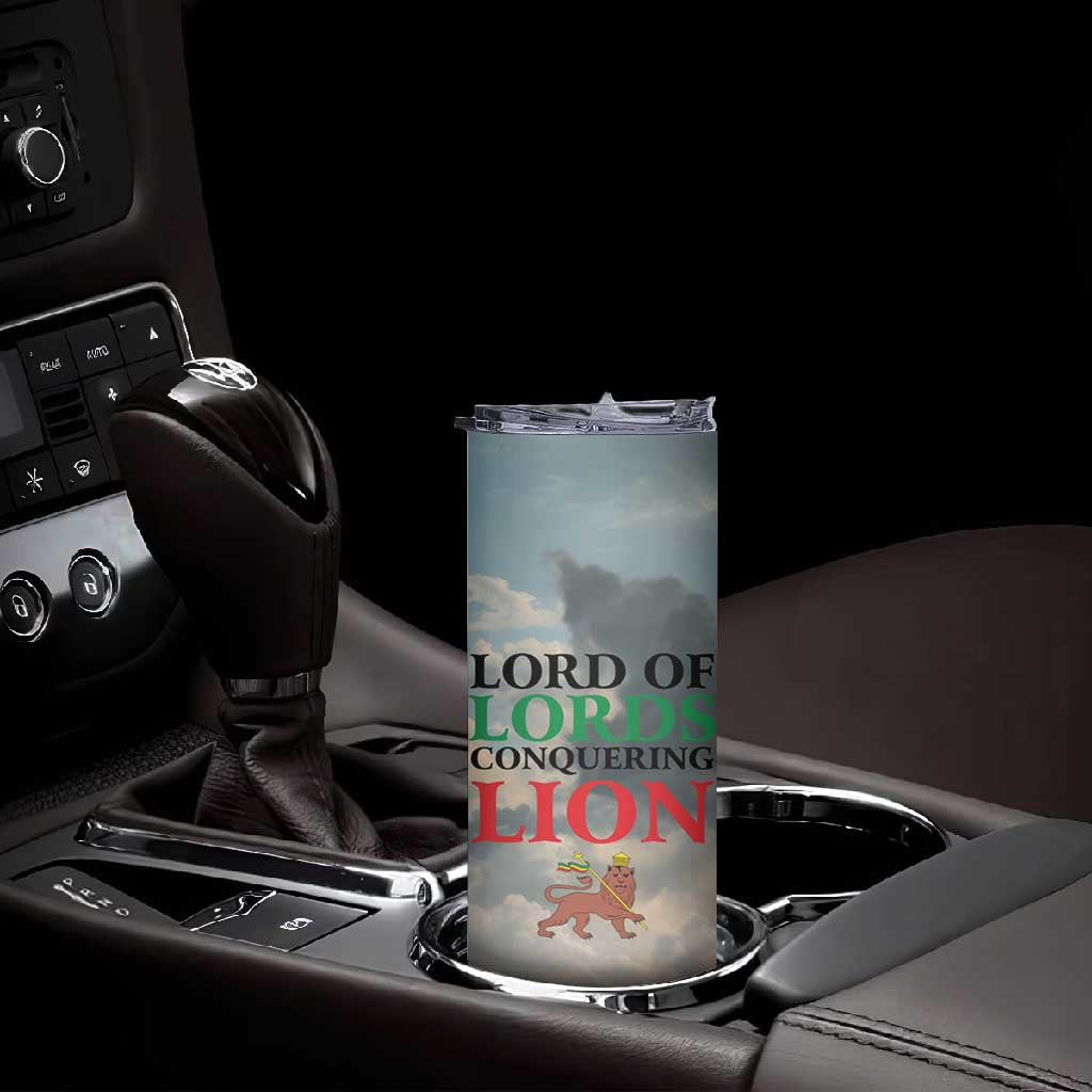 Haile Selassie I Ethiopia Skinny Tumbler with King of Kings and Conquering Lion Cloud Rays and Regal Portrait - African Pride