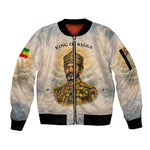 Haile Selassie I Ethiopia Sleeve Zip Bomber Jacket with King of Kings and Conquering Lion Cloud Rays and Regal Portrait