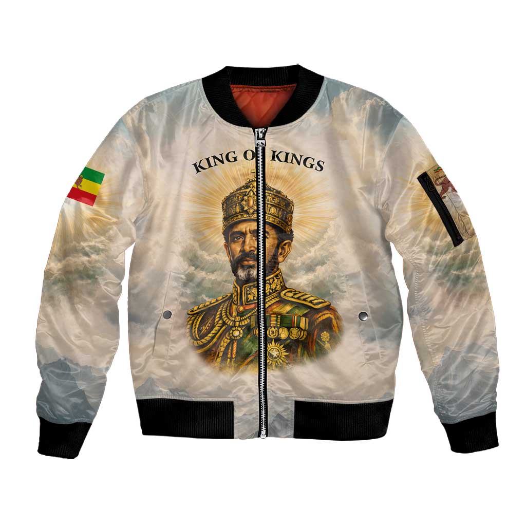 Haile Selassie I Ethiopia Sleeve Zip Bomber Jacket with King of Kings and Conquering Lion Cloud Rays and Regal Portrait
