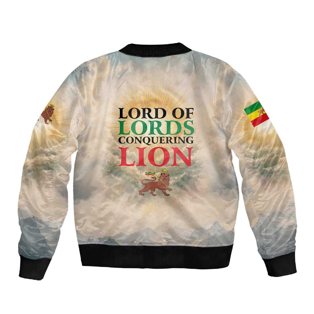 Haile Selassie I Ethiopia Sleeve Zip Bomber Jacket with King of Kings and Conquering Lion Cloud Rays and Regal Portrait