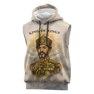 Haile Selassie I Ethiopia Sleeveless Hoodie with King of Kings and Conquering Lion Cloud Rays and Regal Portrait - African Pride