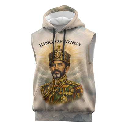 Haile Selassie I Ethiopia Sleeveless Hoodie with King of Kings and Conquering Lion Cloud Rays and Regal Portrait