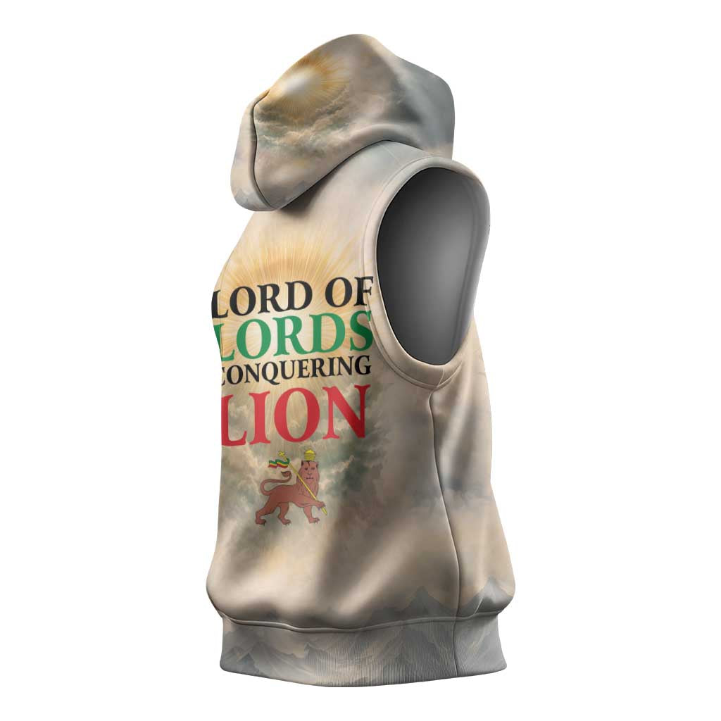 Haile Selassie I Ethiopia Sleeveless Hoodie with King of Kings and Conquering Lion Cloud Rays and Regal Portrait