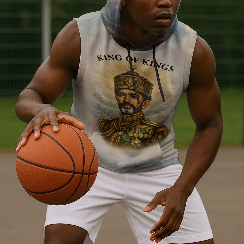 Haile Selassie I Ethiopia Sleeveless Hoodie with King of Kings and Conquering Lion Cloud Rays and Regal Portrait
