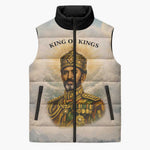 Haile Selassie I Ethiopia Sleeveless Puffer Jacket with King of Kings and Conquering Lion Cloud Rays and Regal Portrait