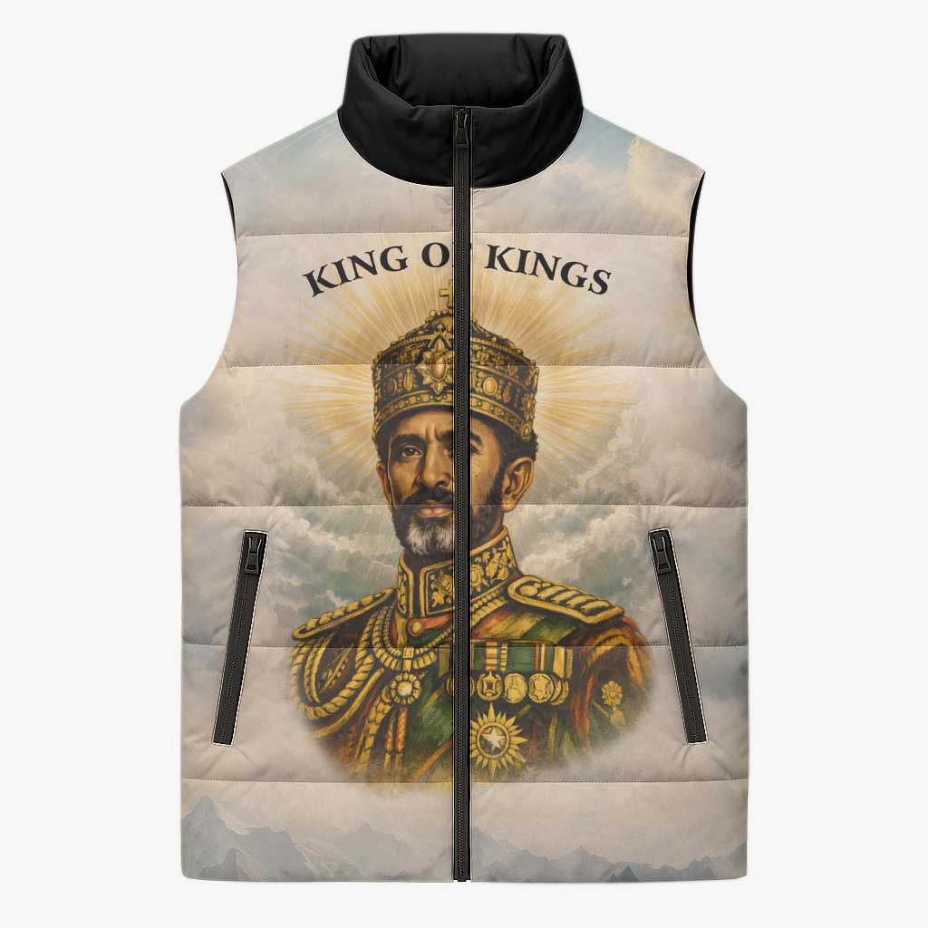 Haile Selassie I Ethiopia Sleeveless Puffer Jacket with King of Kings and Conquering Lion Cloud Rays and Regal Portrait