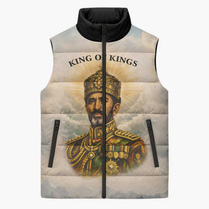 Haile Selassie I Ethiopia Sleeveless Puffer Jacket with King of Kings and Conquering Lion Cloud Rays and Regal Portrait