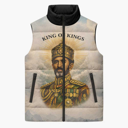Haile Selassie I Ethiopia Sleeveless Puffer Jacket with King of Kings and Conquering Lion Cloud Rays and Regal Portrait