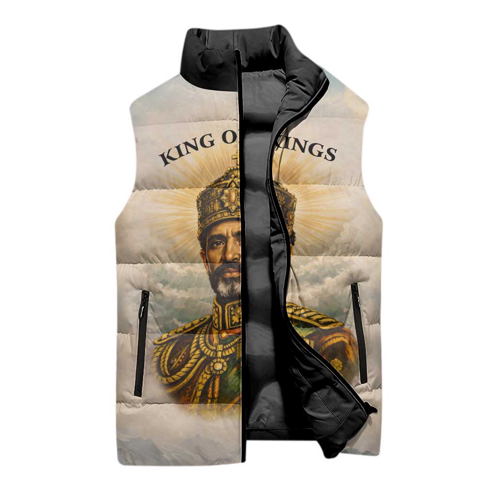 Haile Selassie I Ethiopia Sleeveless Puffer Jacket with King of Kings and Conquering Lion Cloud Rays and Regal Portrait