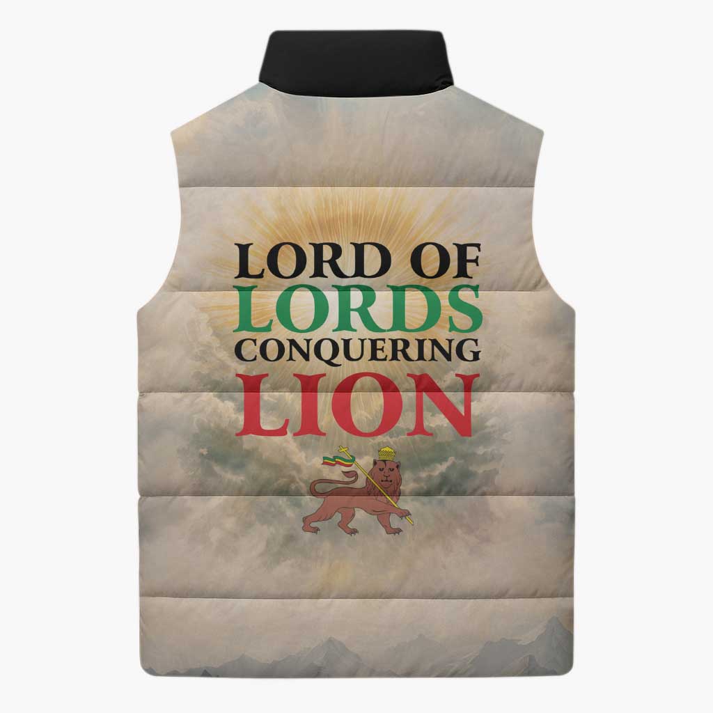Haile Selassie I Ethiopia Sleeveless Puffer Jacket with King of Kings and Conquering Lion Cloud Rays and Regal Portrait
