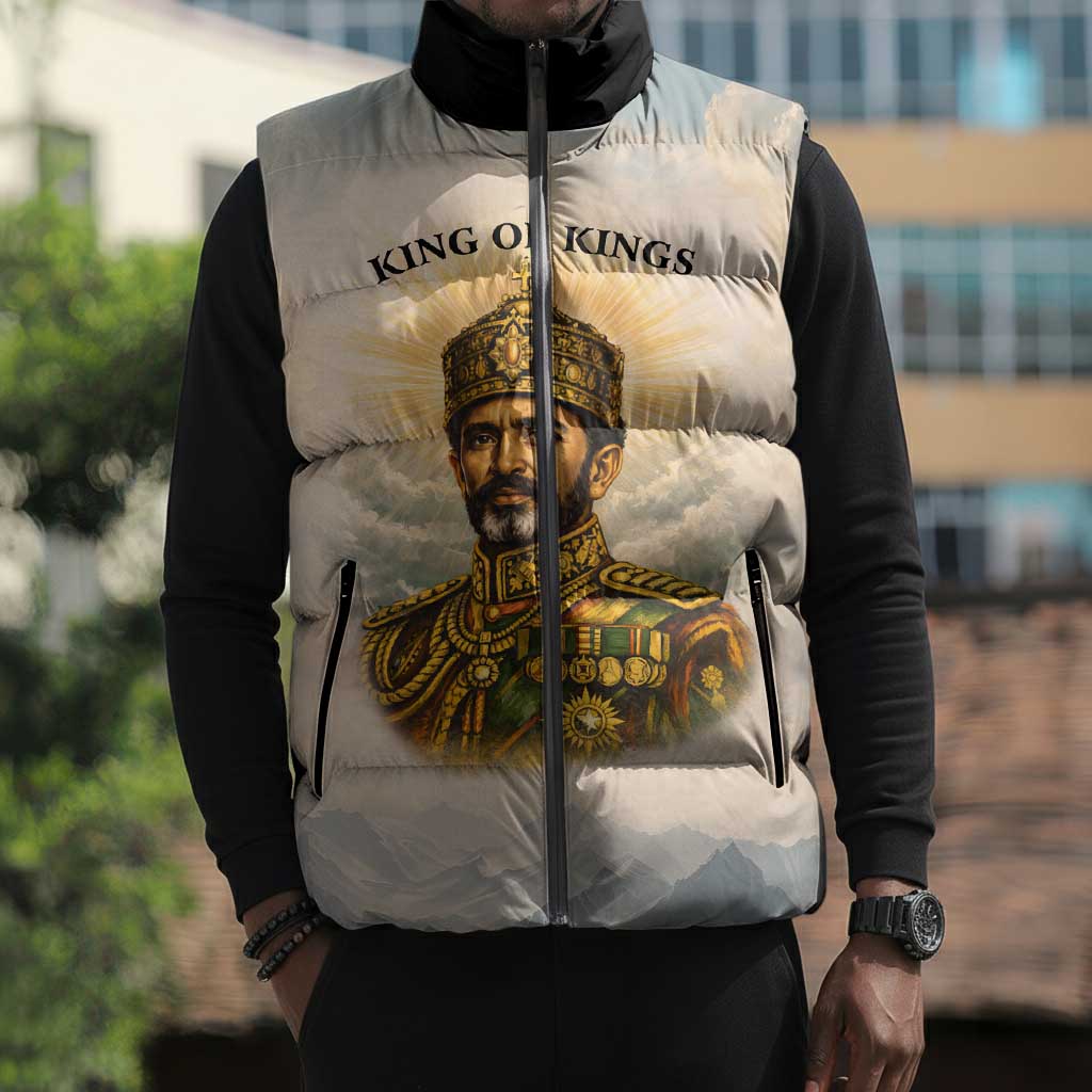 Haile Selassie I Ethiopia Sleeveless Puffer Jacket with King of Kings and Conquering Lion Cloud Rays and Regal Portrait