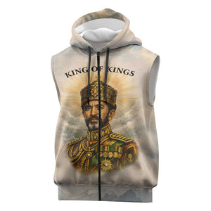 Haile Selassie I Ethiopia Sleeveless Zip Hoodie with King of Kings and Conquering Lion Cloud Rays and Regal Portrait - African Pride