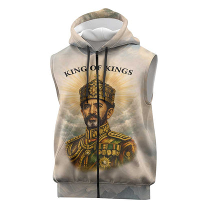 Haile Selassie I Ethiopia Sleeveless Zip Hoodie with King of Kings and Conquering Lion Cloud Rays and Regal Portrait