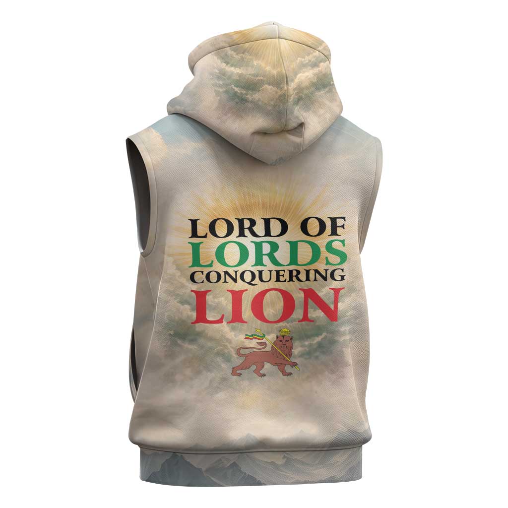 Haile Selassie I Ethiopia Sleeveless Zip Hoodie with King of Kings and Conquering Lion Cloud Rays and Regal Portrait