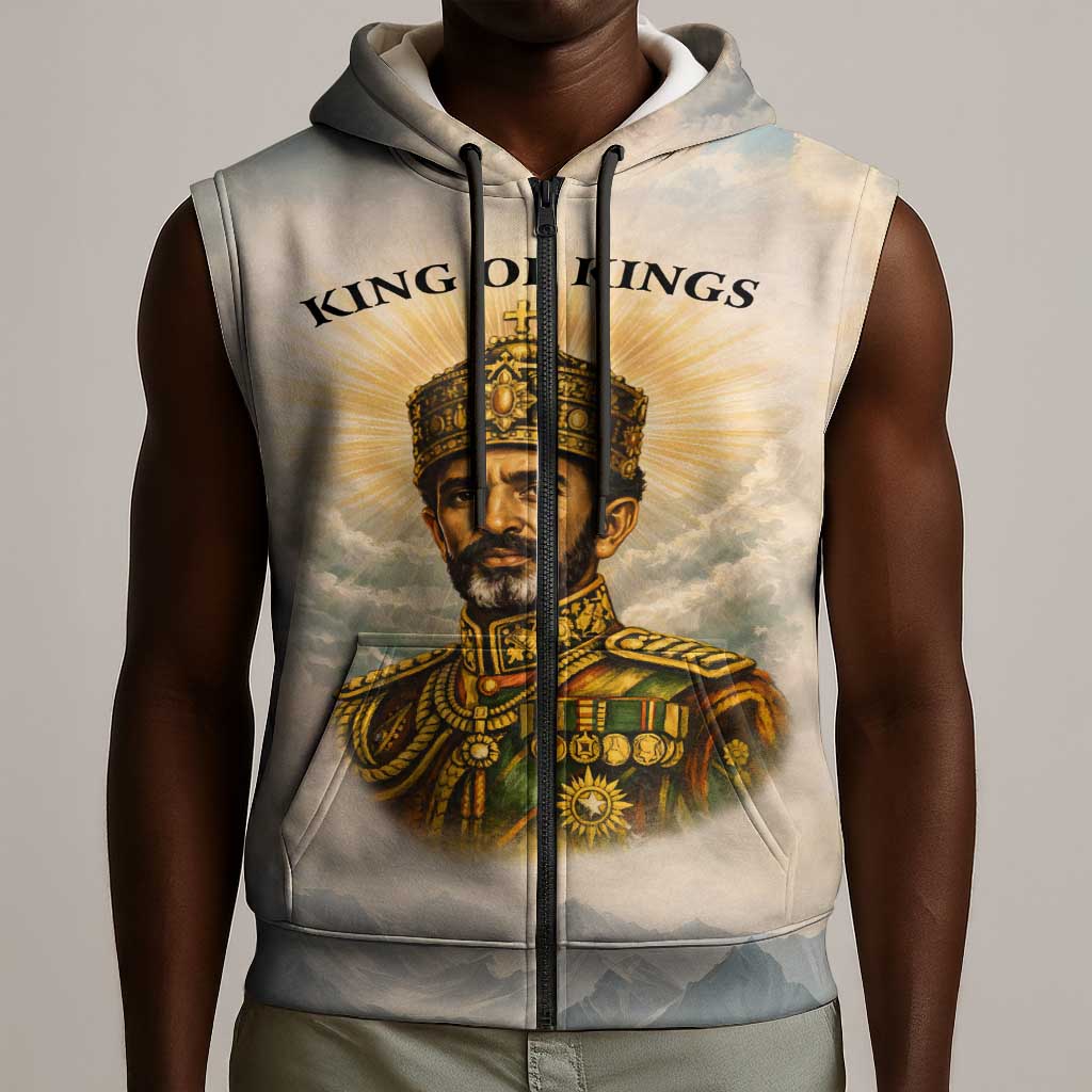 Haile Selassie I Ethiopia Sleeveless Zip Hoodie with King of Kings and Conquering Lion Cloud Rays and Regal Portrait