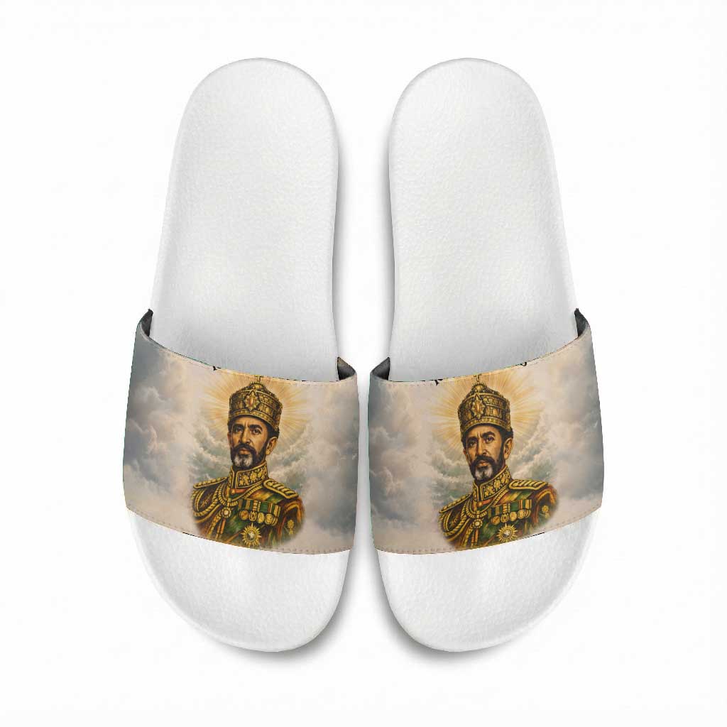 Haile Selassie I Ethiopia Slide Sandals with King of Kings and Conquering Lion Cloud Rays and Regal Portrait - African Pride