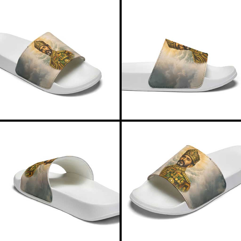 Haile Selassie I Ethiopia Slide Sandals with King of Kings and Conquering Lion Cloud Rays and Regal Portrait - African Pride