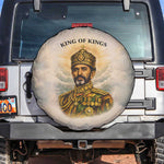 Haile Selassie I Ethiopia Spare Tire Cover with King of Kings and Conquering Lion Cloud Rays and Regal Portrait - African Pride