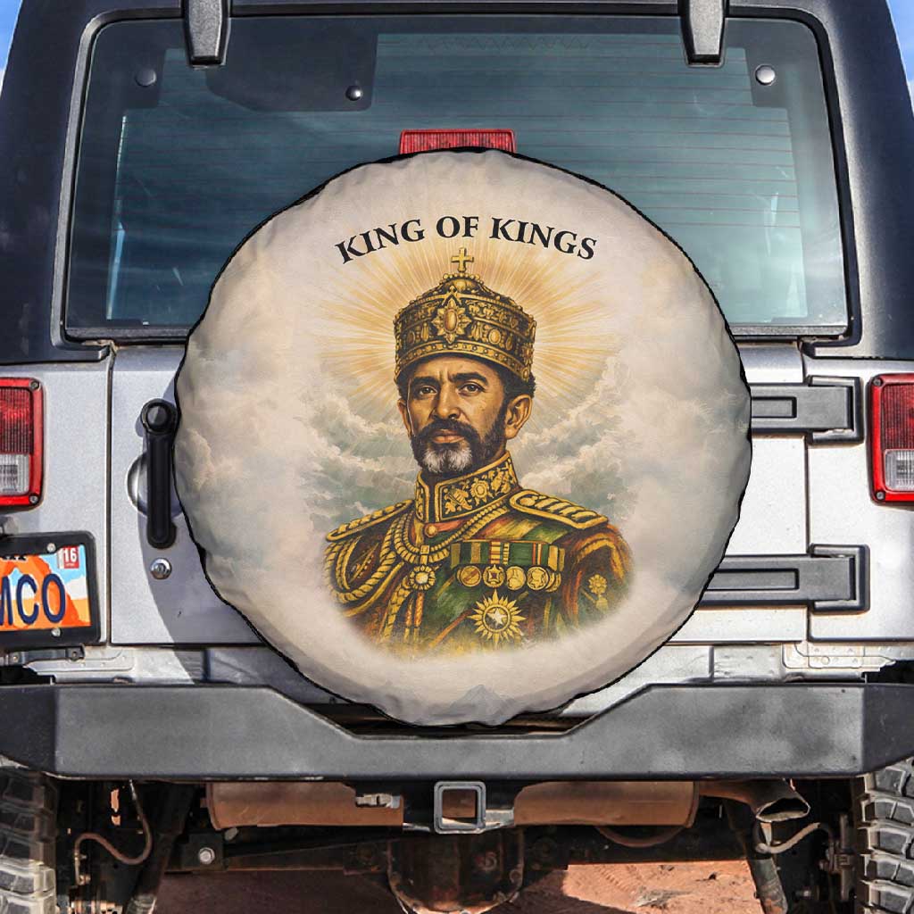 Haile Selassie I Ethiopia Spare Tire Cover with King of Kings and Conquering Lion Cloud Rays and Regal Portrait - African Pride