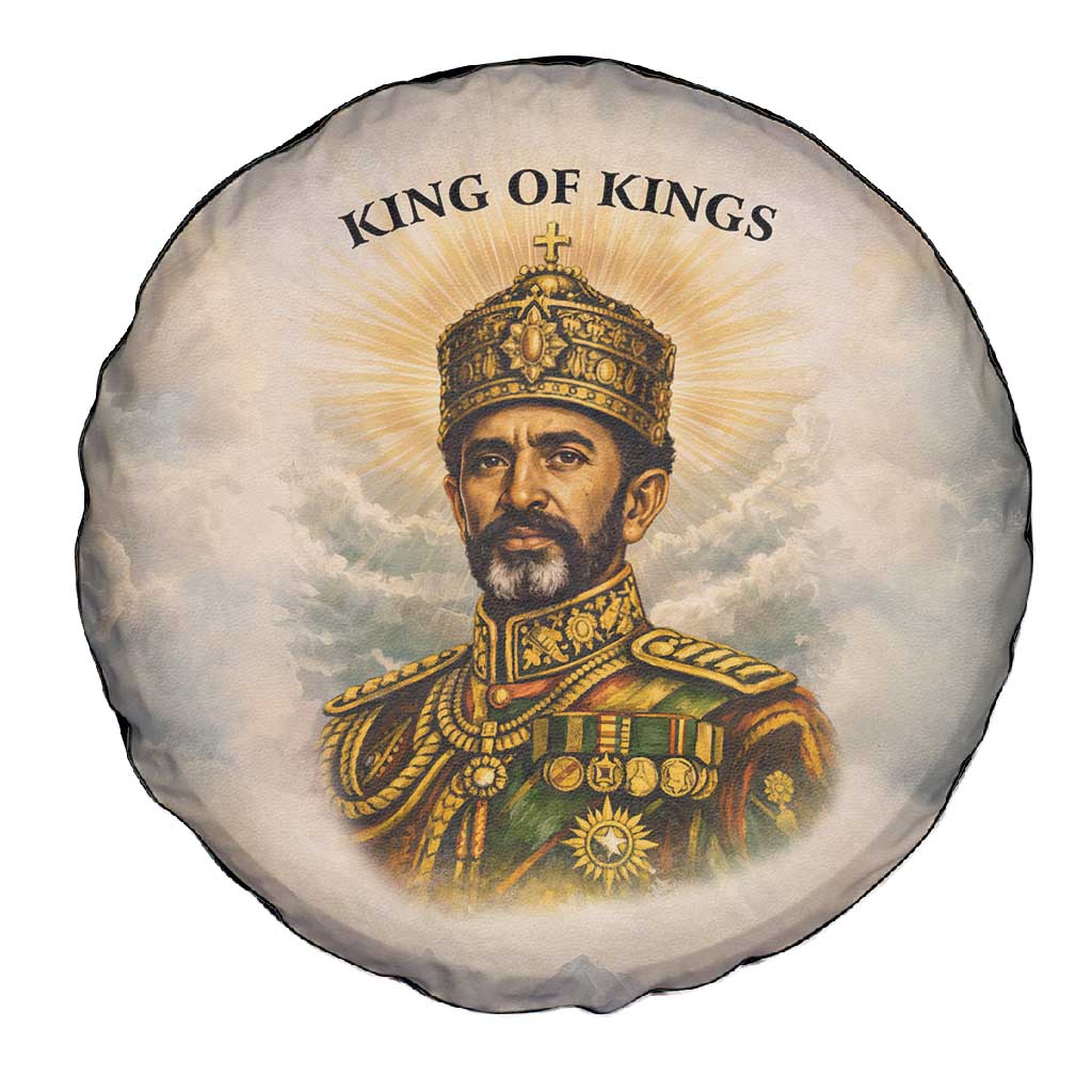 Haile Selassie I Ethiopia Spare Tire Cover with King of Kings and Conquering Lion Cloud Rays and Regal Portrait - African Pride