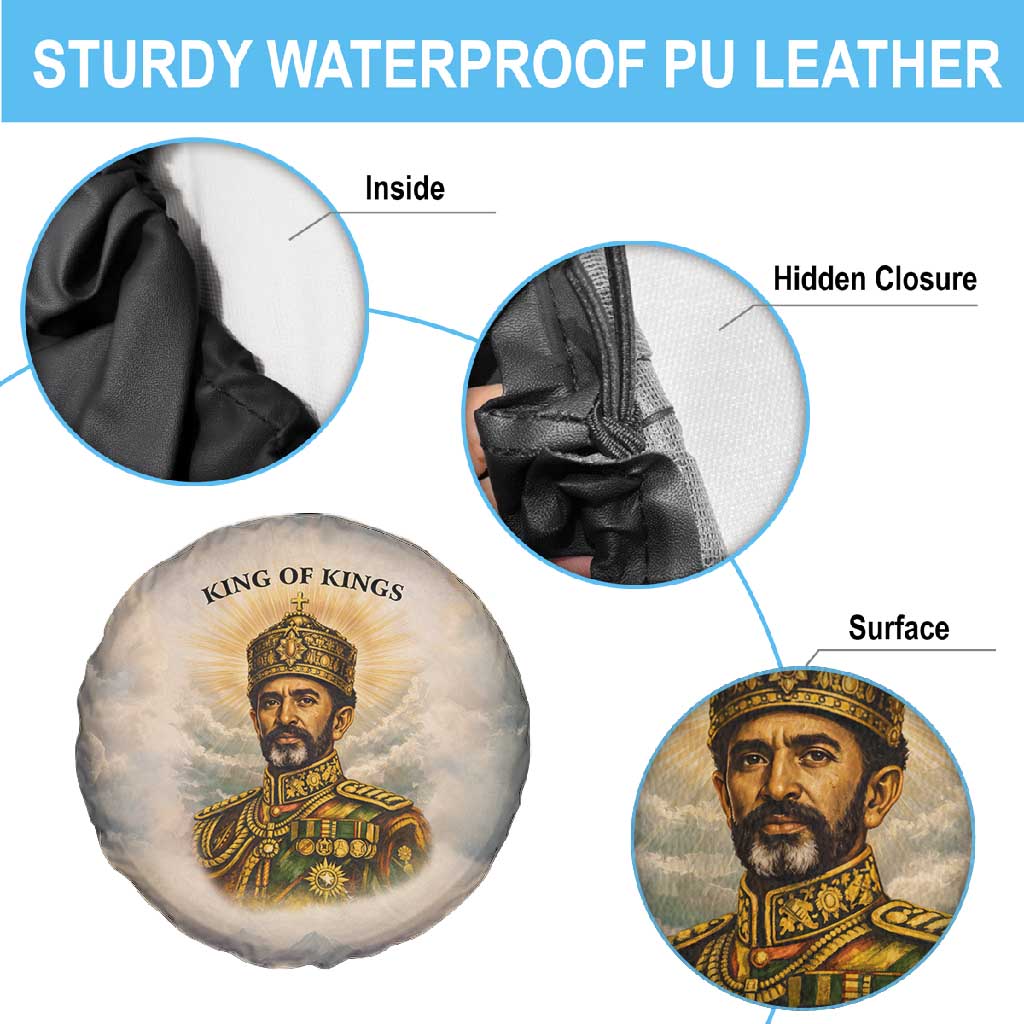 Haile Selassie I Ethiopia Spare Tire Cover with King of Kings and Conquering Lion Cloud Rays and Regal Portrait - African Pride