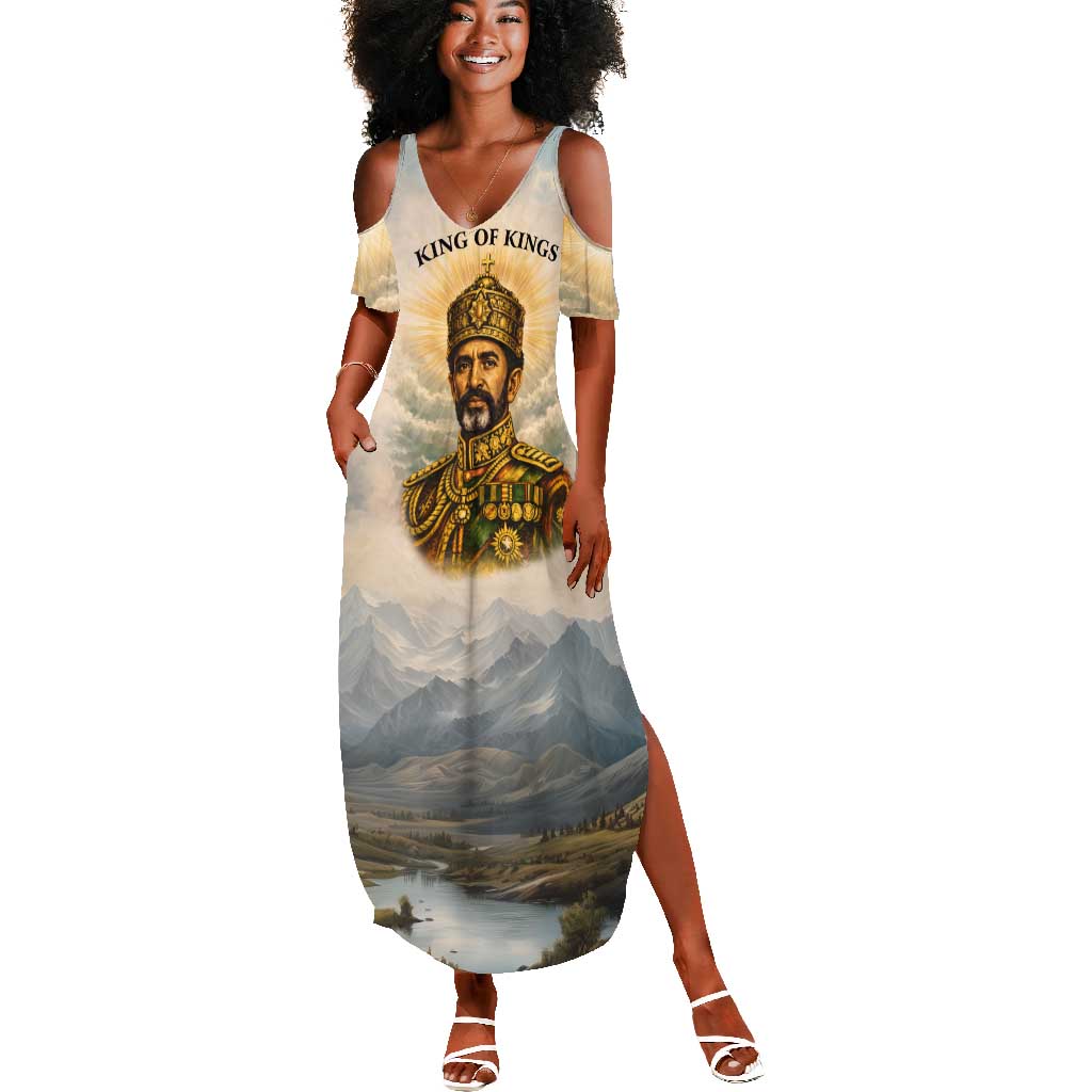 Haile Selassie I Ethiopia Summer Maxi Dress with King of Kings and Conquering Lion Cloud Rays and Regal Portrait