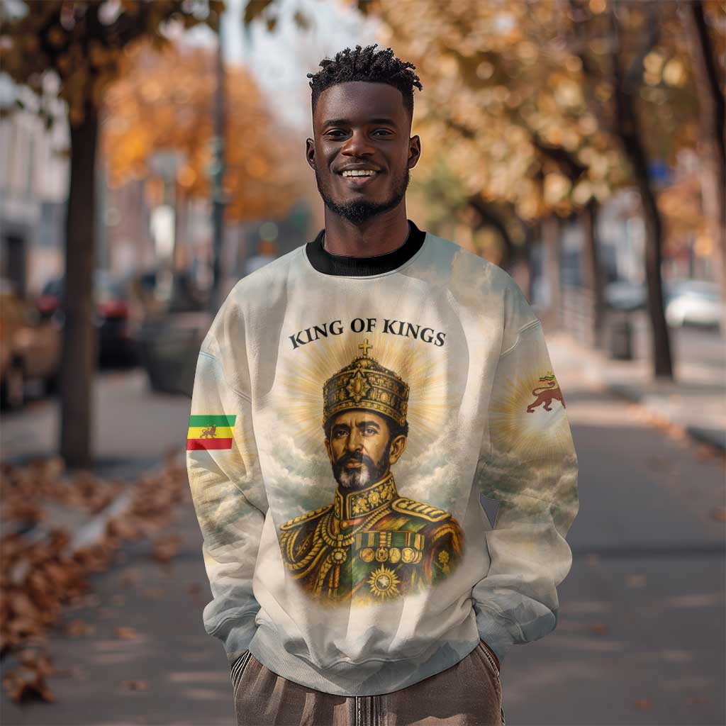 Haile Selassie I Ethiopia Sweatshirt with King of Kings and Conquering Lion Cloud Rays and Regal Portrait