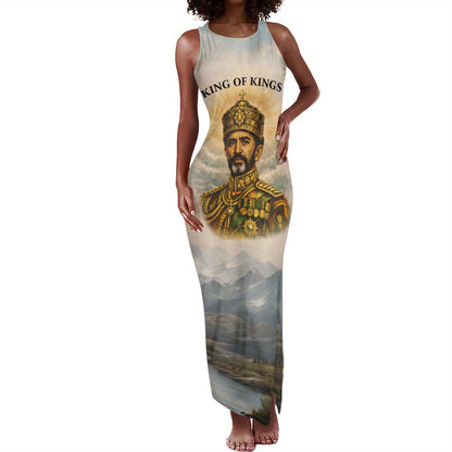 Haile Selassie I Ethiopia Tank Maxi Dress with King of Kings and Conquering Lion Cloud Rays and Regal Portrait