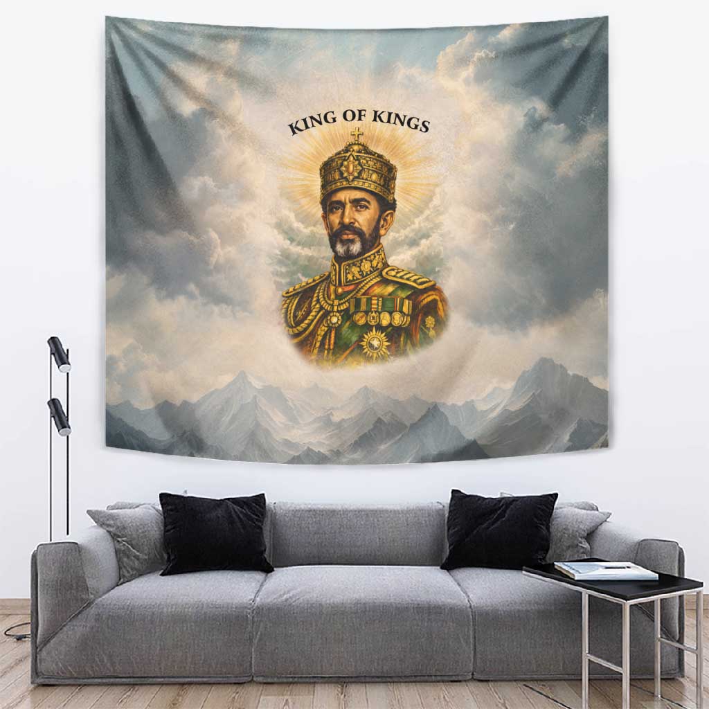 Haile Selassie I Ethiopia Tapestry with King of Kings and Conquering Lion Cloud Rays and Regal Portrait - African Pride