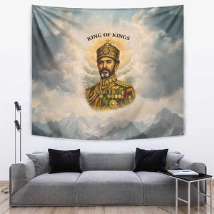Haile Selassie I Ethiopia Tapestry with King of Kings and Conquering Lion Cloud Rays and Regal Portrait - African Pride