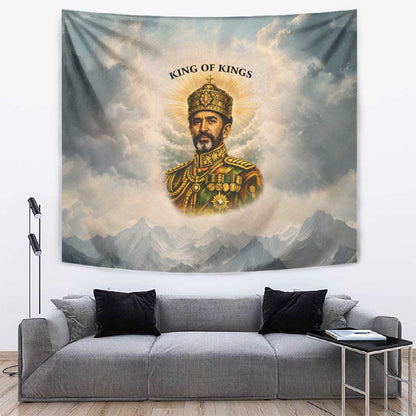 Haile Selassie I Ethiopia Tapestry with King of Kings and Conquering Lion Cloud Rays and Regal Portrait - African Pride