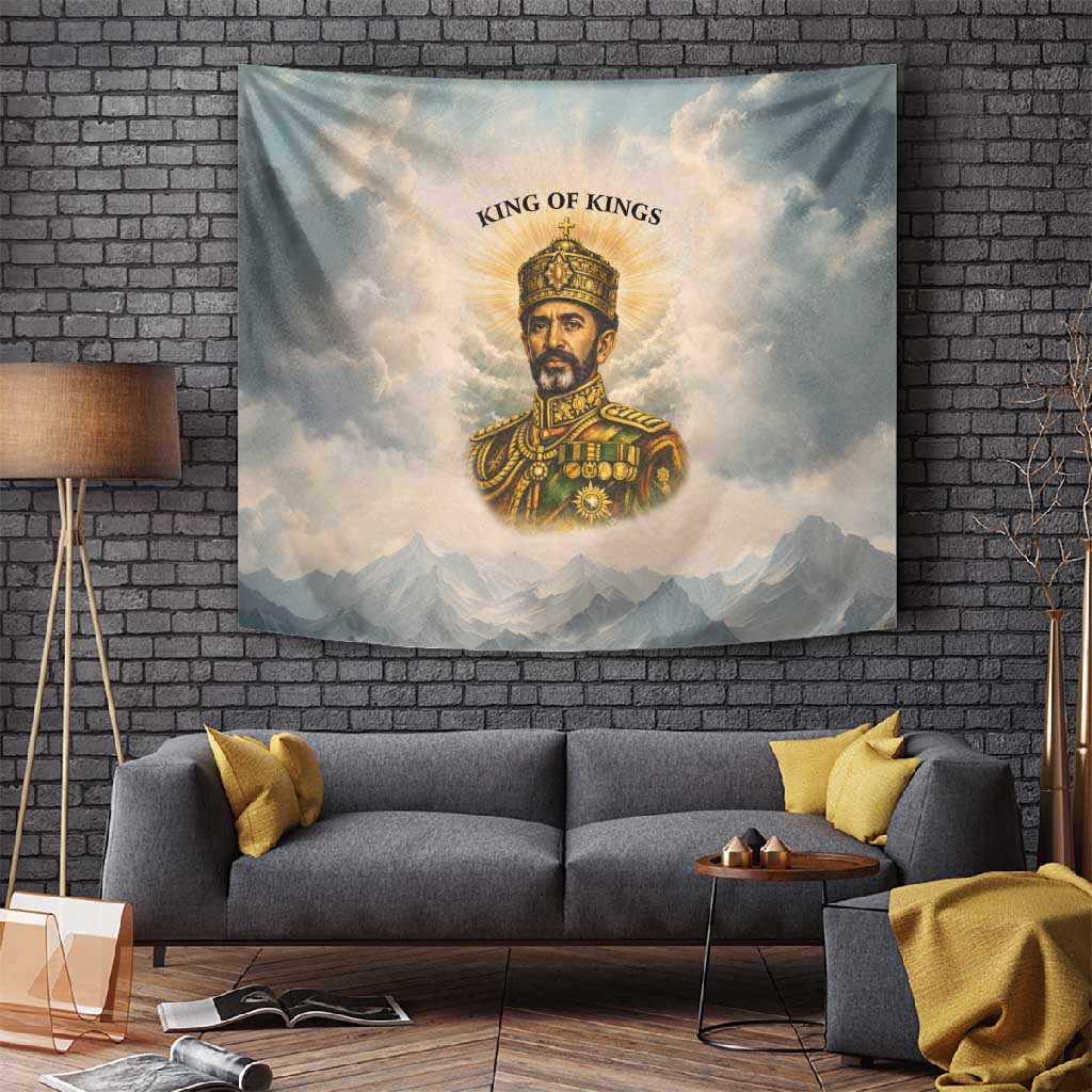 Haile Selassie I Ethiopia Tapestry with King of Kings and Conquering Lion Cloud Rays and Regal Portrait - African Pride