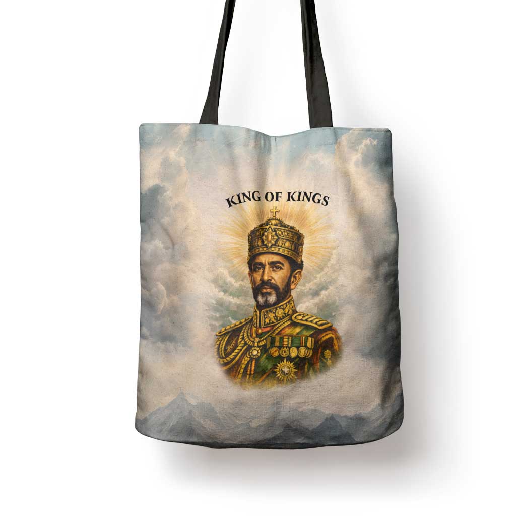 Haile Selassie I Ethiopia Tote Bag with King of Kings and Conquering Lion Cloud Rays and Regal Portrait - African Pride