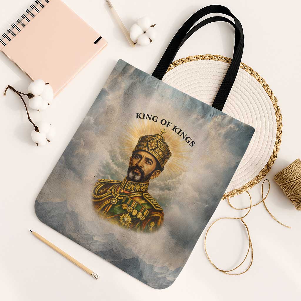 Haile Selassie I Ethiopia Tote Bag with King of Kings and Conquering Lion Cloud Rays and Regal Portrait - African Pride
