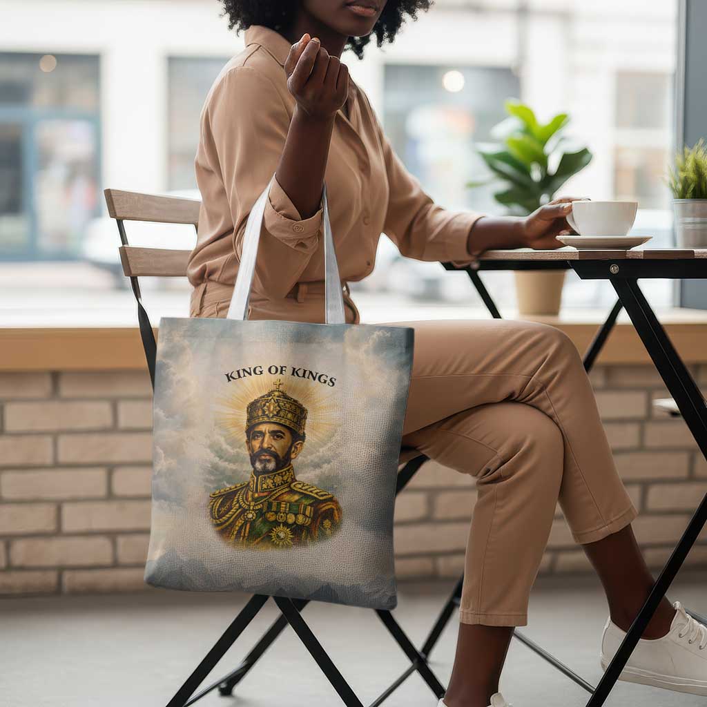 Haile Selassie I Ethiopia Tote Bag with King of Kings and Conquering Lion Cloud Rays and Regal Portrait - African Pride