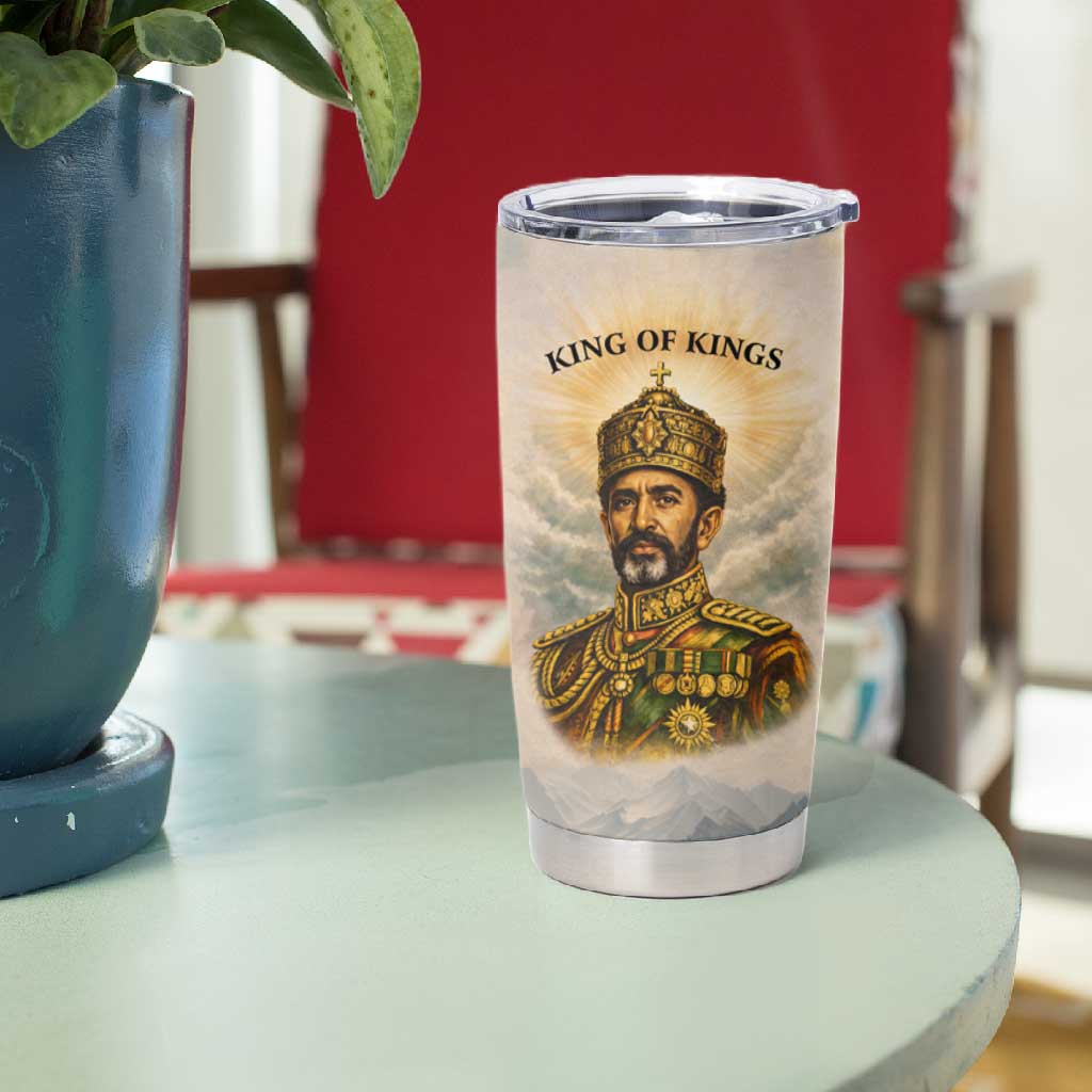 Haile Selassie I Ethiopia Tumbler Cup with King of Kings and Conquering Lion Cloud Rays and Regal Portrait - African Pride