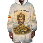 Haile Selassie I Ethiopia Wearable Blanket Hoodie with King of Kings and Conquering Lion Cloud Rays and Regal Portrait