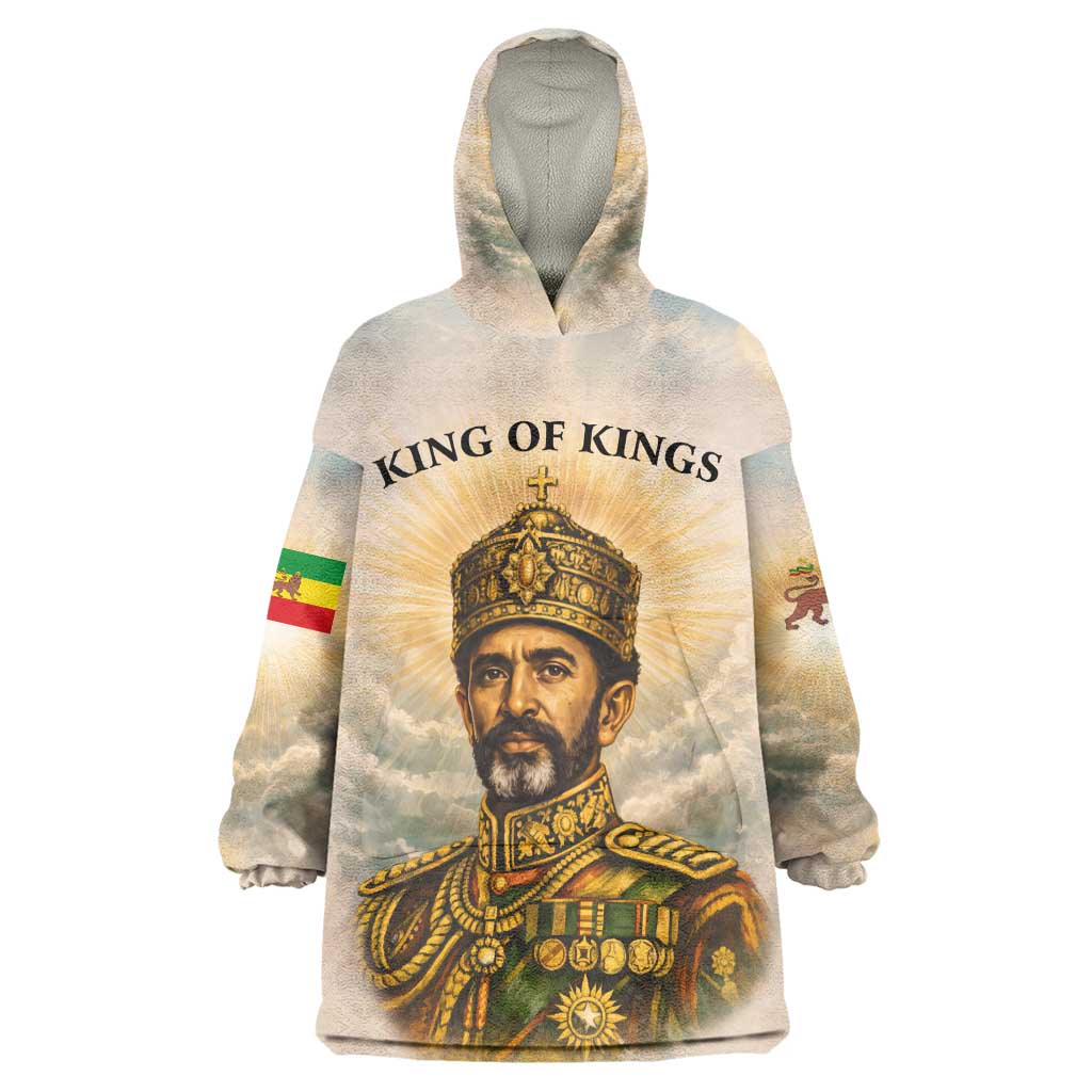 Haile Selassie I Ethiopia Wearable Blanket Hoodie with King of Kings and Conquering Lion Cloud Rays and Regal Portrait