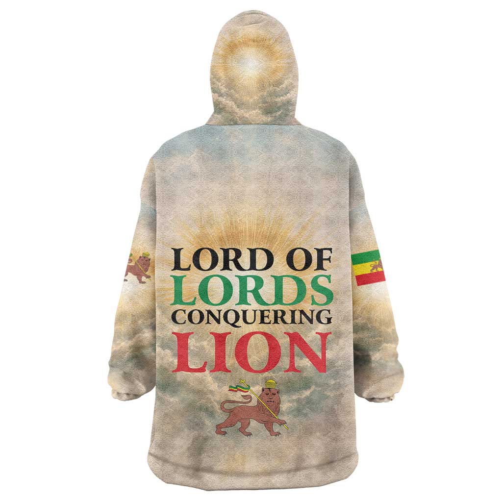 Haile Selassie I Ethiopia Wearable Blanket Hoodie with King of Kings and Conquering Lion Cloud Rays and Regal Portrait