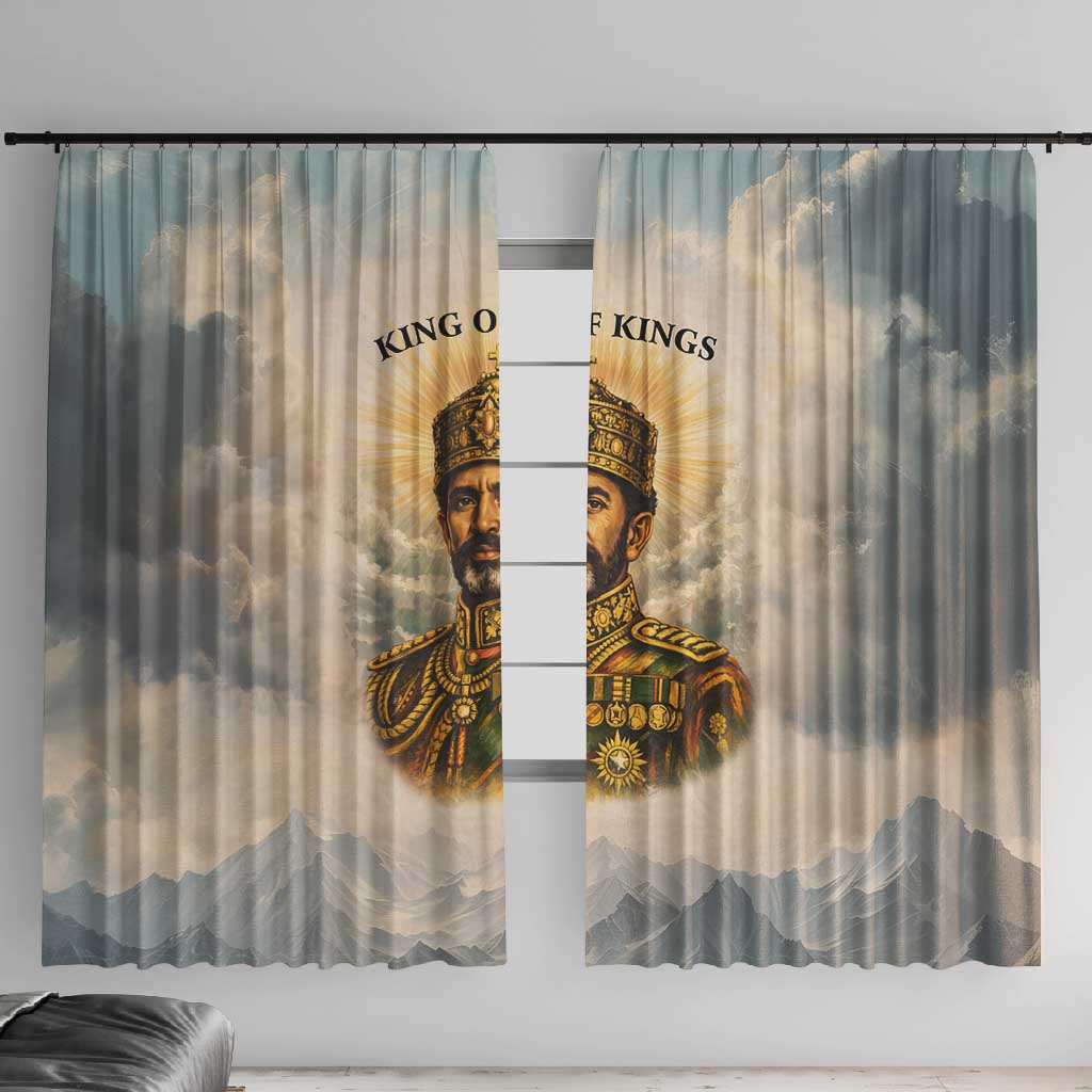 Haile Selassie I Ethiopia Window Curtain with King of Kings and Conquering Lion Cloud Rays and Regal Portrait - African Pride