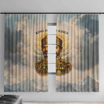 Haile Selassie I Ethiopia Window Curtain with King of Kings and Conquering Lion Cloud Rays and Regal Portrait - African Pride