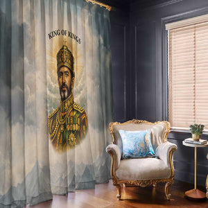 Haile Selassie I Ethiopia Window Curtain with King of Kings and Conquering Lion Cloud Rays and Regal Portrait - African Pride
