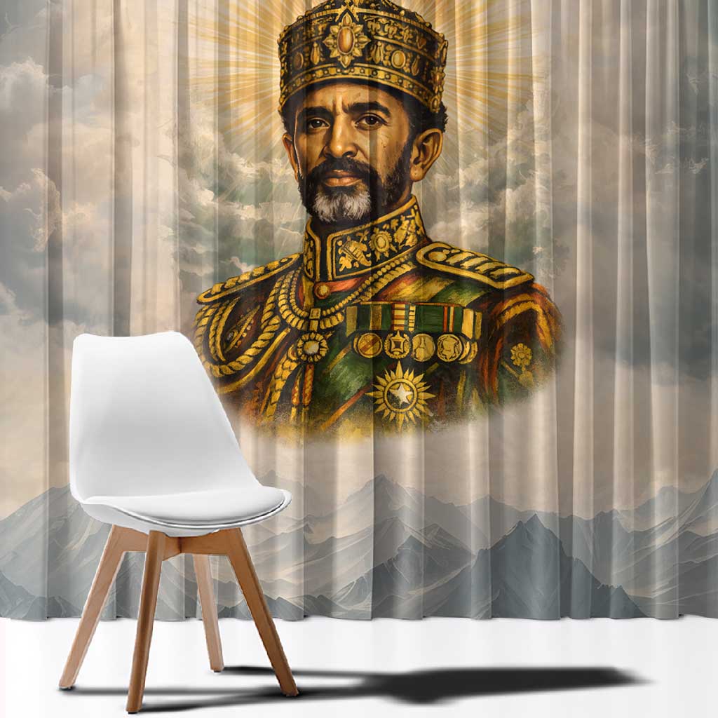 Haile Selassie I Ethiopia Window Curtain with King of Kings and Conquering Lion Cloud Rays and Regal Portrait - African Pride