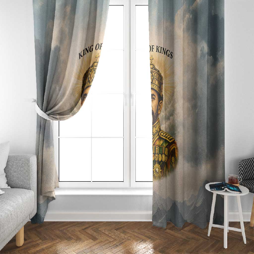 Haile Selassie I Ethiopia Window Curtain with King of Kings and Conquering Lion Cloud Rays and Regal Portrait - African Pride