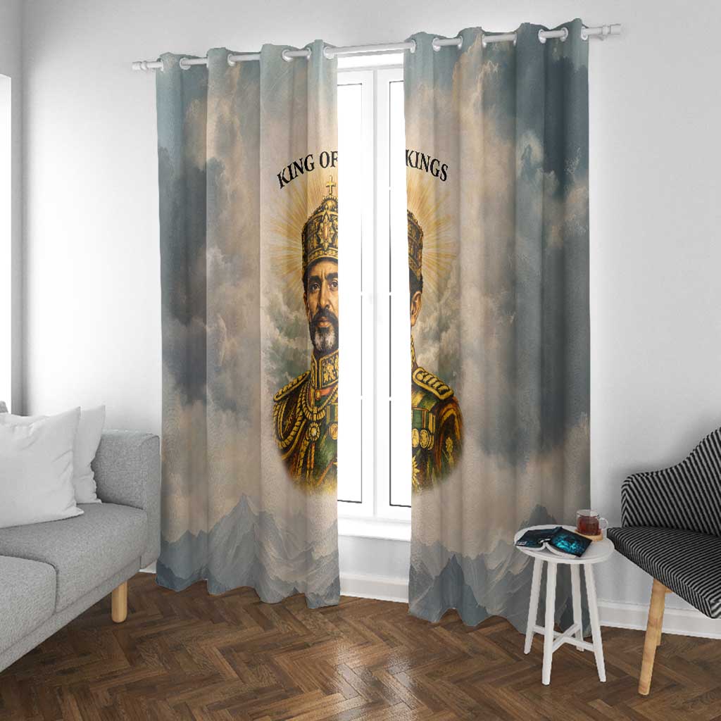 Haile Selassie I Ethiopia Window Curtain with King of Kings and Conquering Lion Cloud Rays and Regal Portrait - African Pride