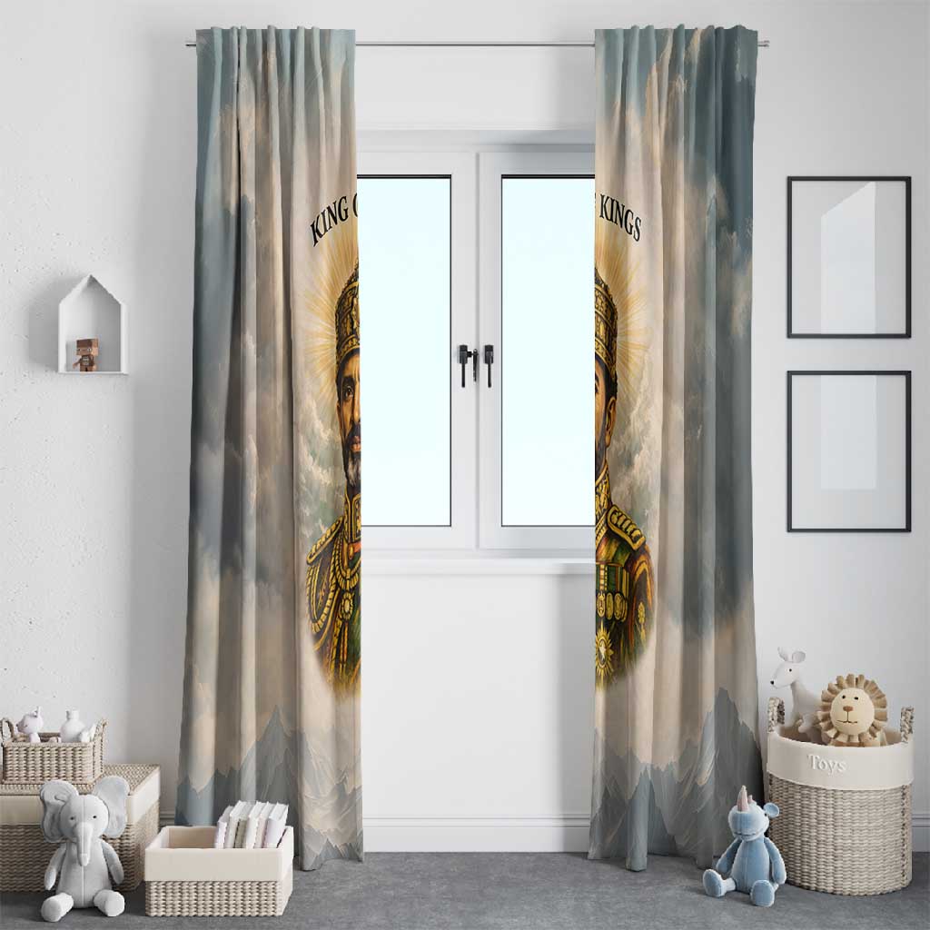 Haile Selassie I Ethiopia Window Curtain with King of Kings and Conquering Lion Cloud Rays and Regal Portrait - African Pride