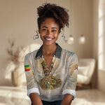Haile Selassie I Ethiopia Women Casual Shirt with King of Kings and Conquering Lion Cloud Rays and Regal Portrait